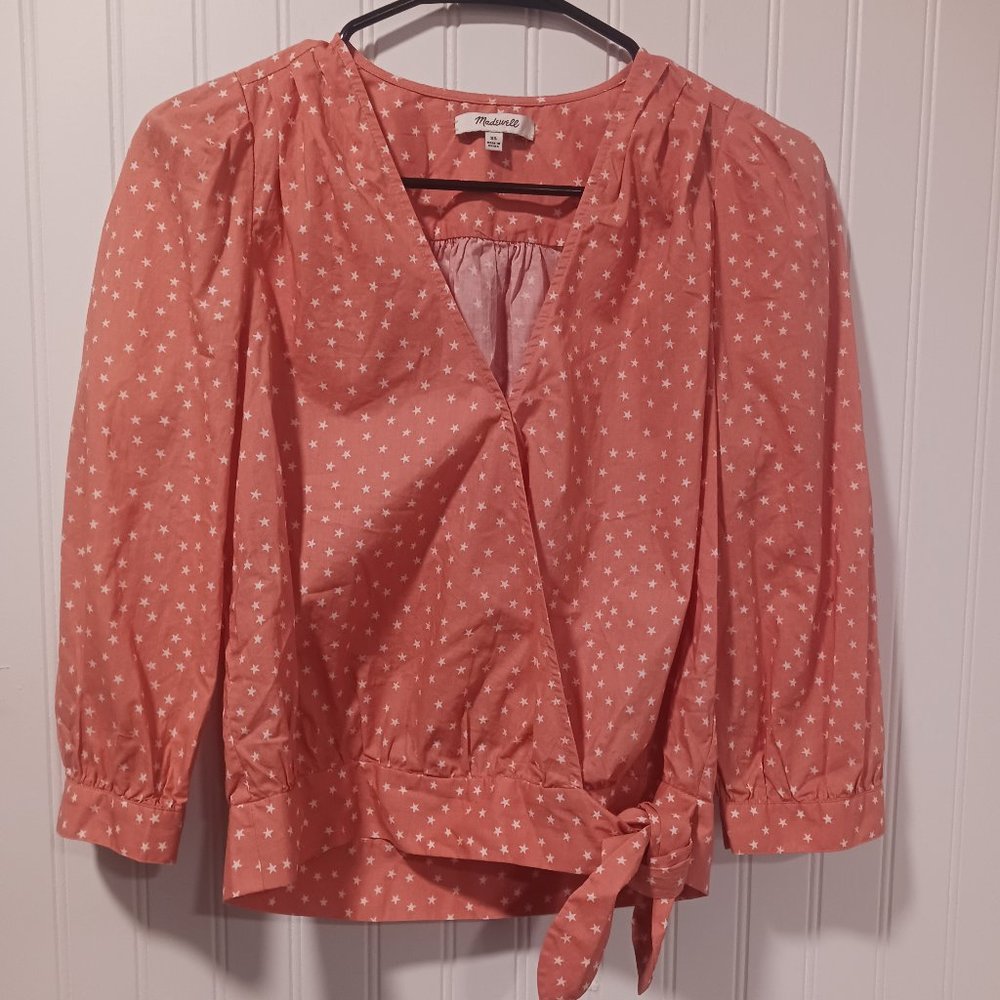 Madewell XS Star Wrap Top Tie Bottom Pink Long Sleeve